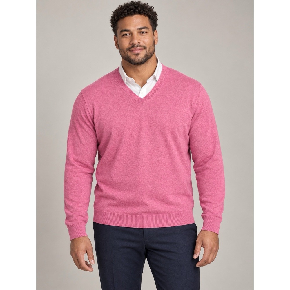 Calvin Klein Men's Pink Knit V-Neck Merino wool Sweater Solid Long Sleeve XL